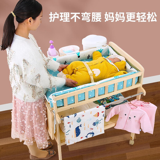 Table de couches bei happy table de soins de bébé nouveau-né pour bébé change de couches massage et touche baignable en bois massif multifonction organisation d'organisation de rangement étagère de rangement en bois massif de couches en bois + tapis de soins de la couronne
