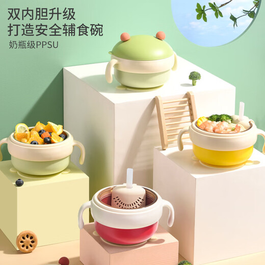 Hao'e infant and children's constant temperature supplementary food bowl, baby 1-3-6 years old ppsu water insulating suction cup steaming and cooking tableware, water insulating constant temperature-PPSU inner liner anti-scalding* straw filter