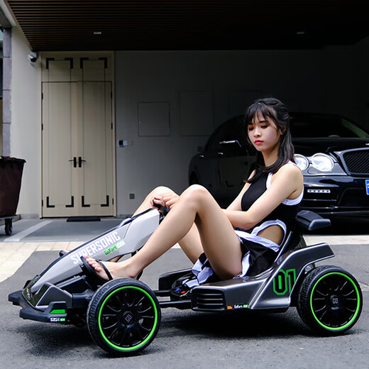 Samat children's electric car go-kart can seat adults, boys and girls, four-wheel remote control and drivable toy car, top with painted gray, remote control + large battery + dual drive