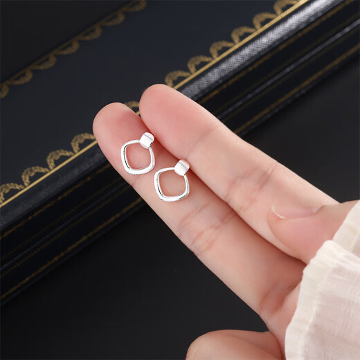VTLs999 pure silver simple rhombus earrings for women geometric hollow quadrilateral brushed earrings light luxury niche earrings gift 999 sterling silver earrings exquisite gift box