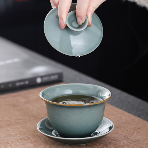 Yunshun Dehua Ge Kiln Sancai Covered Bowl Ice-cracked Tea Bowl Single Tea Brewing Kung Fu Tea Set Household Ceramic Tea Cup Ge Kiln Covered Bowl-Tianqing 170ml