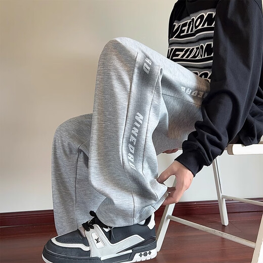 Cotton American style plus velvet thickened high street gray sports pants for men in autumn and winter new loose trendy casual straight sweatpants white gray 0395 plus velvet high quality 26 2XL 140-160Jin Jin is equal to 0.5 kg