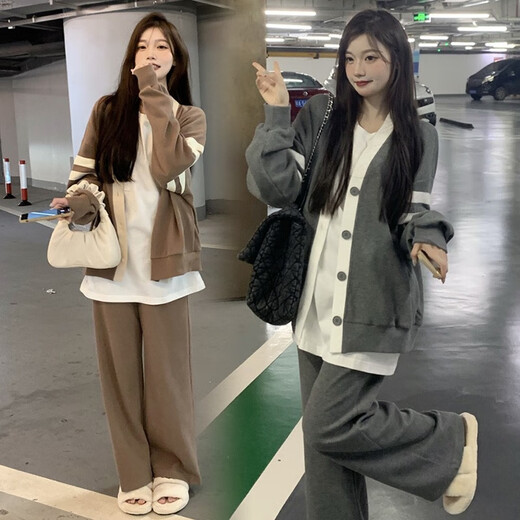 Ranqi's mother maternity suit autumn suit fashionable 2025 new cardigan top spring and autumn fashionable sweatshirt large size two-piece set gray three-piece set (top + T-shirt + pants) L