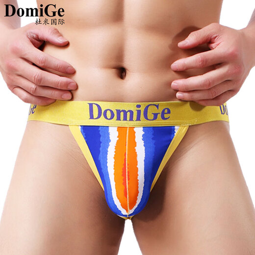 Dumi International men's sexy ultra-thin ice silk underwear printed double-strap T-shaped underwear elastic close-fitting single pack yellow bottom printing 5418 1 pair XXL2.6-2.8 feet