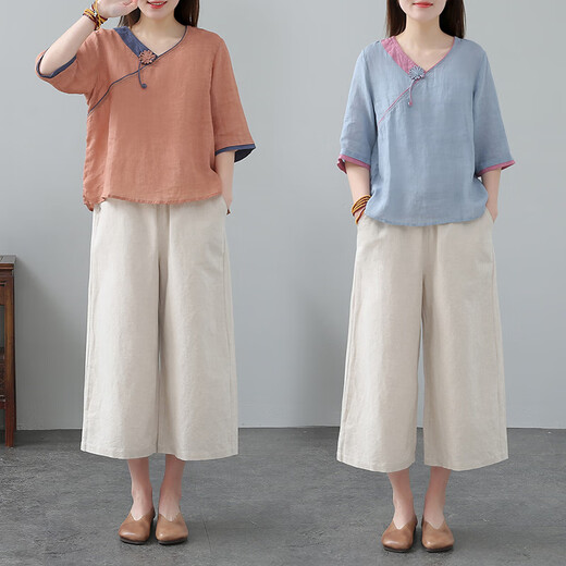 阙时翊太极服棉麻女夏装宽松大码中国民族风复古刺绣太极服两件套夏季 1369焦糖上衣+麻本裤子 M(100~110斤)