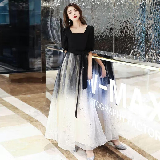 Seidler Bankett Abendkleid für Frauen 2025 Neues schwarzes langes Temperament kann am Host-Chor-Performance-Anzug schwarz L getragen werden (Empfohlen 106-115Jin [Jin gleich 0,5 kg])