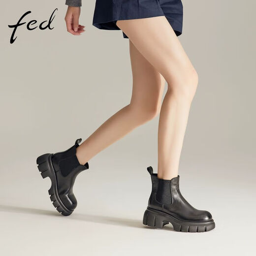 FED厚底烟筒靴冬季新款女靴牛皮切尔西靴加绒短靴女款D1105-ZC803 浅咖色 36