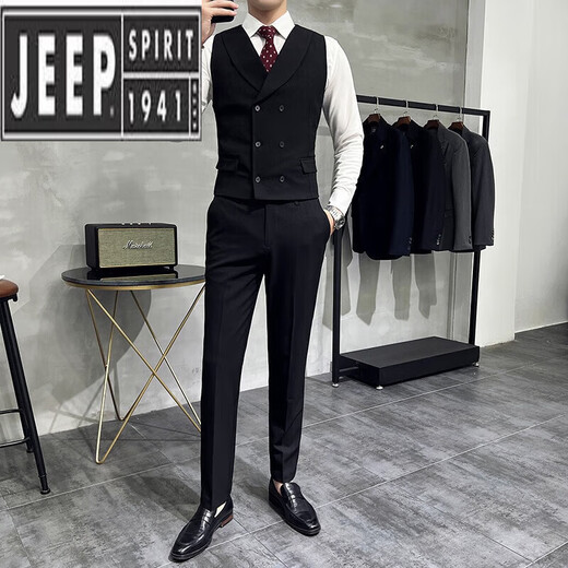 JEEP SPIRIT herringbone suit vest suit men's casual business formal elastic vest British handsome work clothes gray single vest + bow tie M 48