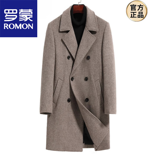 罗蒙（ROMON）秋冬季单面羊毛大衣男中长款保暖青年加厚风衣羊毛呢子男士外套潮 双排扣人字灰色锦纶内里 L (100-125斤)