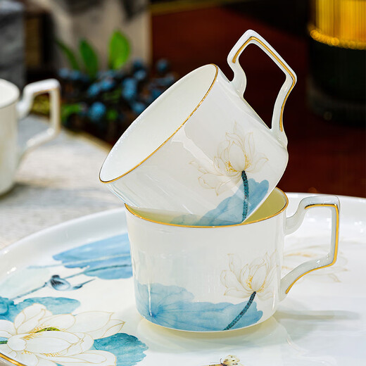 NINE CRANES Jingdezhen cup set 2024 new home light luxury bone china tea cup gift set tea set rotating tray high-end bone china water set 8-piece gift box