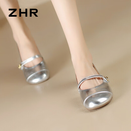 ZHR Mary Jane shoes for women spring and summer real cowhide round toe women's shoes temperament commuting single shoes for women BT88 silver 38