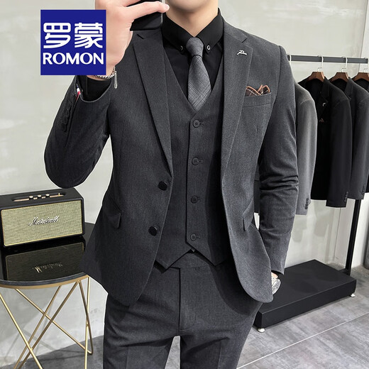 ROMON light mature style casual large size suit suit for men, Korean style slim fit two-button three-piece suit for commuting business small suit trendy medium gray suit + vest + trousers XL (recommended 125-135Jin Jin is equal to 0.5 kg)