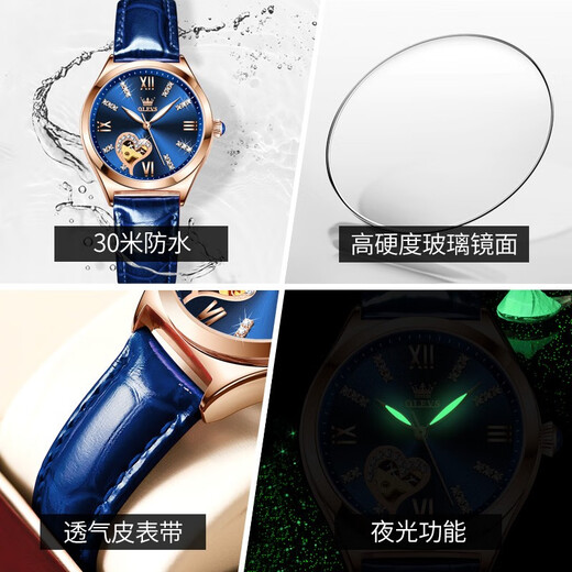 Olevs Swiss Certified Brand Watch Women's Mechanical Watch Vollautomatisch wasserdichte Luminous Women's Watch Hollow Diamond-Set Fashion Watch OLEVS-6636-Blue Leder Rose Shell Blue Oberfläche