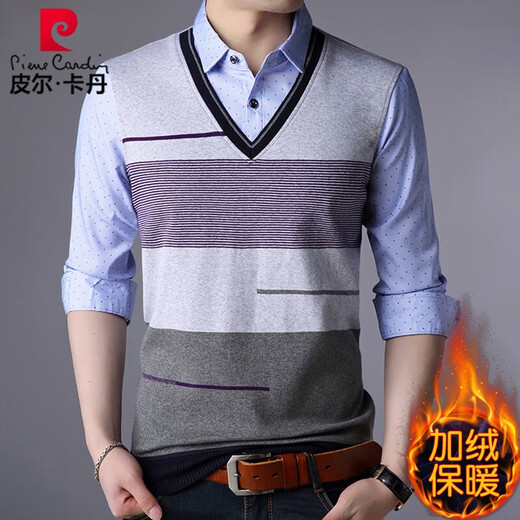 Pier Cardin Fake Dos piezas Camisa tibia 2025 Camisa de base de manga larga de otoño e invierno Integrado más camisa de terciopelo en el terciopelo 3878 Azul [primavera y estilo otoño] 170/L [recomendado 120-140Jin [Jin equivale a 0.5 kg]]