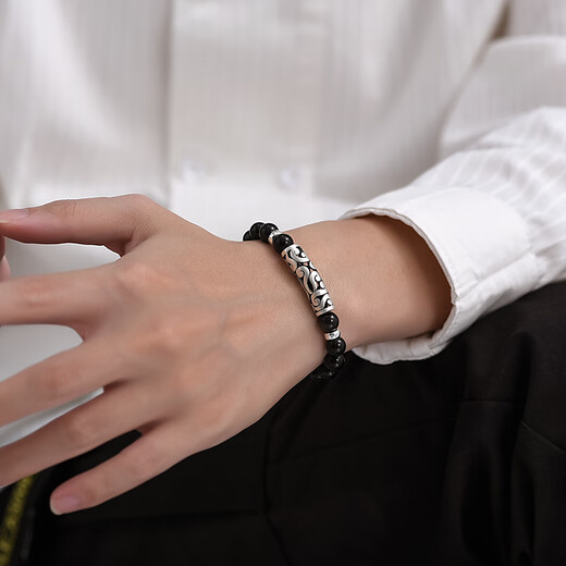 Tanhai obsidian bracelet 990 sterling silver Xiangyun bracelet for men and women, retro ethnic style birthday gift for boys, Xiangyun obsidian bracelet (bead diameter about 8mm)