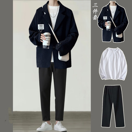 Gxmy waffle suit suit men's Hong Kong style with handsome casual suit jacket men's fashion brand three-piece suit white suit + white T + black trousers three-piece suit XL