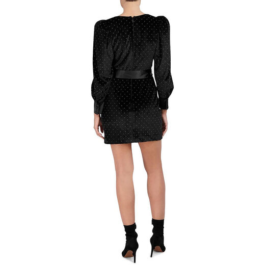 BCBG Max Azria Women's Velvet Cocktail Mini Dress Long Puff Sleeves V-Neck Party Date Black/Silver 12