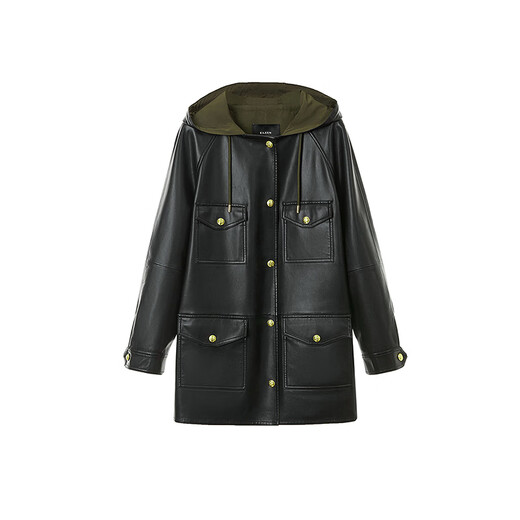 Langzi [Italienisches Design] Neues Winter -Kapuzenkontrastdesign und Temperament Lederjacke für Frauen schwarz xl