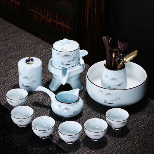 Tupperware lazy tea set automatically rotates water out celadon landscape set household tea making artifact stone grinding kung fu anti-scalding celadon landscape automatic tea maker + fair cup (foam