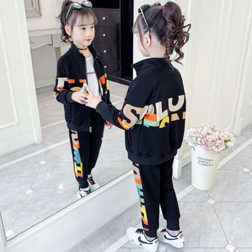 Sanyedou (SANYEDOU) Girls' Autumn Clothing Set New Children's Sports Suit for Big Children and Girls Western-style Jacket and Pants Spring and Autumn Two-piece Set Black 150cm