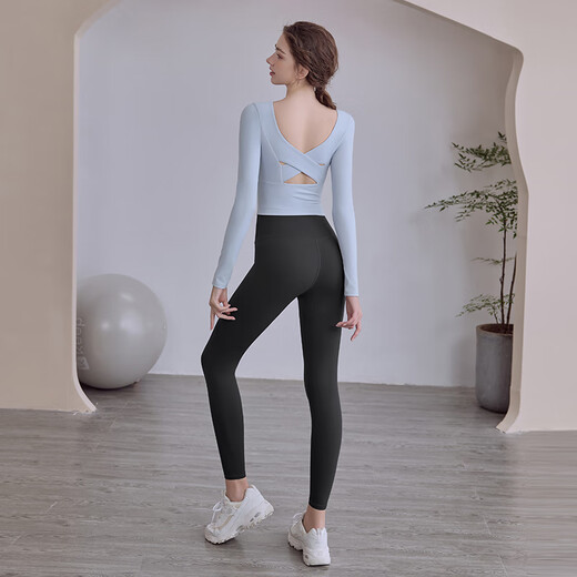 LULULMCCTN Beauty Back Yoga Suit Women's Fixed Cup Fitness Pilates Professional Training Sports Long Sleeve Suit Milk Blue Long Sleeve M