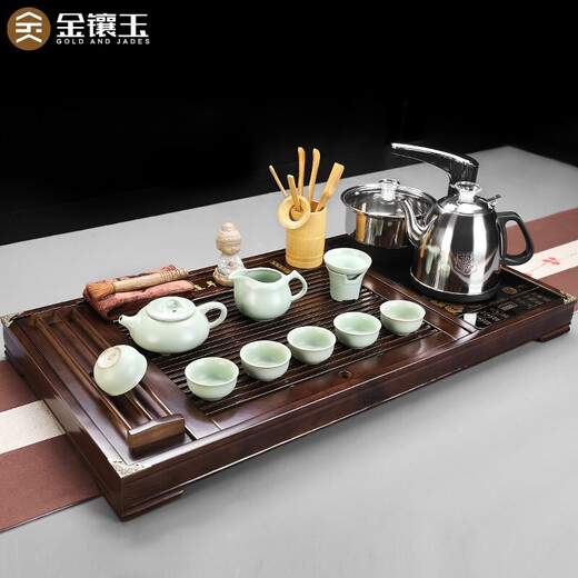 Gold inlaid jade Kung Fu tea set with tea tray, one-piece ceramic Ru kiln tea making machine, automatic water supply electric kettle, Lian Yu