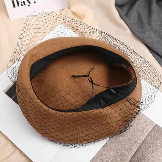 Tuzun hat for women in autumn and winter wool lace mesh beret British retro painter hat Korean Japanese beret fashion black suggested head circumference (56-58cm)