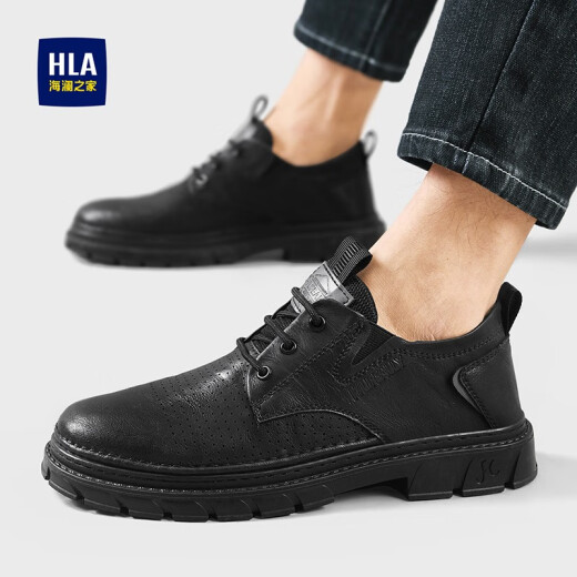 海澜之家（HLA）皮鞋男春夏新款复古厚底工装鞋中帮小马丁鞋靴子冲孔商务休闲鞋男 HAAGZM2ACa0084-黑色 40