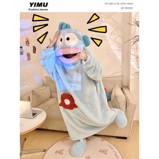Duoxianju funny clown fish coral velvet pajamas best friend couple cartoon one-piece long nightgown home clothes thickened blue shark single nightgown #4839 M Recommended 75-120Jin [Jin equals 0.5 kg]