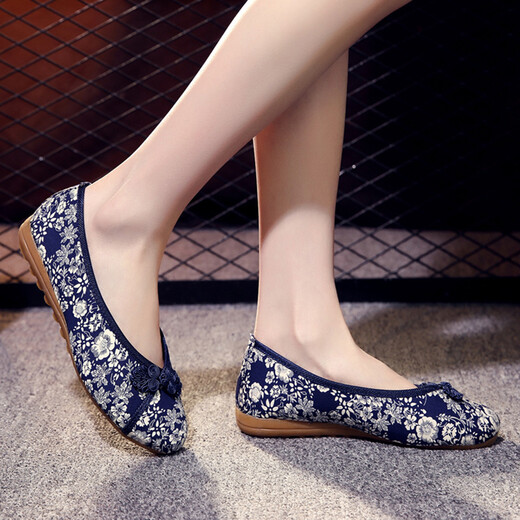 Yonghe Chun Ancient Style Embroidered Shoes Fashion Flat Women's Shoes Old Beijing Cloth Shoes Printed Cloth Hanfu Shoes National Style Cheongsam Women's Single Shoes 166 Dark Blue 40 Smaller Size