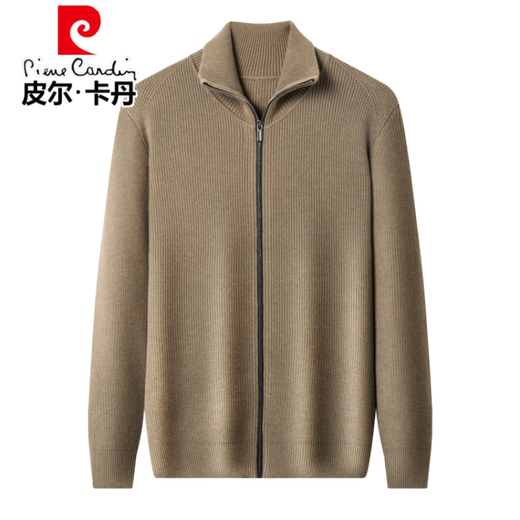 Pierre Cardin wool knitted cardigan for men 100% pure wool 2025 autumn and winter thickened casual lapel zipper sweater jacket for men tea green XL size 175