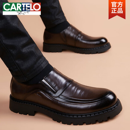 CARTELO casual leather shoes for men, slip-ons, soft leather business men's shoes, autumn fashionable genuine leather thick-soled inner height-increasing derby shoes, black, non-increasing 40
