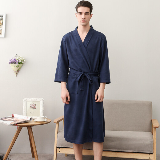 Thin waffle nightgown water-absorbent quick-drying bathrobe bathrobe plus size couple pajamas for women and men spring and summer end of year HFG gray men's XL [height 175cm 160Jin [Jin equals 0.5 kg]]