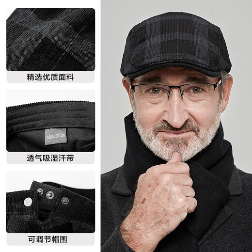 SOMUBAY middle-aged and elderly hats autumn and winter men's style plaid beret dad old man warm casual duck bill forward hat black one size (56-58cm) adjustable