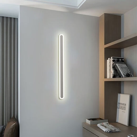 FENGLANQ light luxury minimalist one-word long wall lamp living room grille line TV background wall lamp simple bedroom bedside lamp black acrylic 20cm warm light