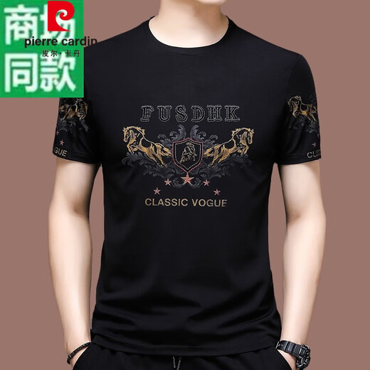 Pierre cardin men's summer short-sleeved T-shirt ice. New silk round neck T-shirt summer clothes containing mulberry silk thin base shirt trend X719 black M 165 [recommended 95-120 Jin [Jin equals 0.5 kg]]