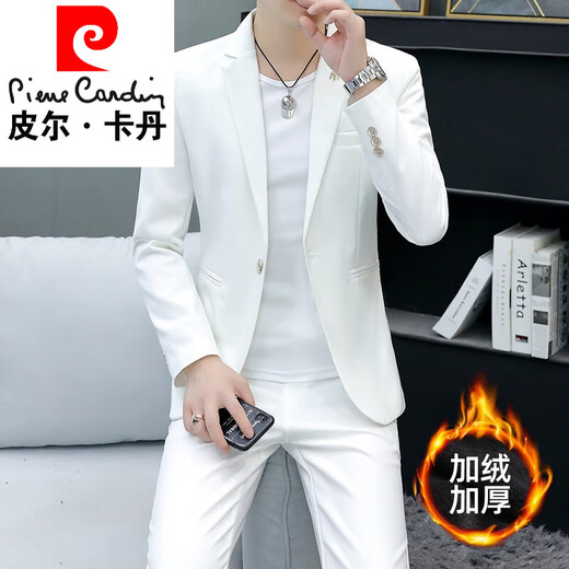 Pierre Cardin suit men's suit 2025 new winter velvet Korean style jacket casual and handsome white suit two-piece set white 4XL