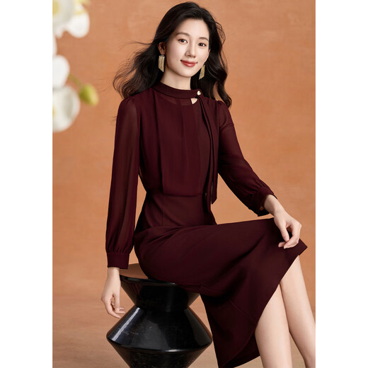 Kebel light luxury high-end dress women's 2025 new autumn and winter temperament waist slimming long-sleeved slit mid-length skirt L