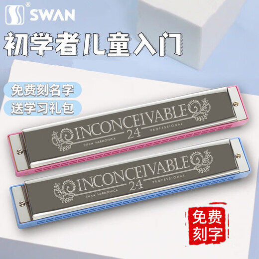 天鹅（SWAN）单音口琴24孔c调儿童小学生初学者入门C大调带简谱音符口风琴 【带音符标记】单音24孔C银色