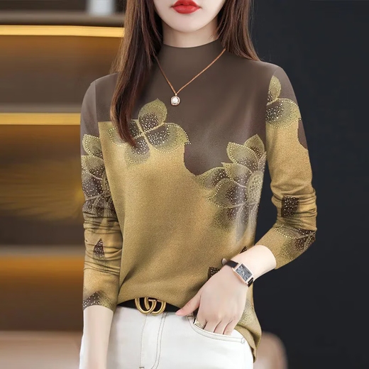 Yu Yixiang half turtleneck bottoming shirt for mothers, women's spring and autumn long-sleeved 2025 new high-end printed belly-covering T-shirt women's tops khaki yellow positioning flower 2XL recommended 125-140Jin Jin equals 0.5 kg