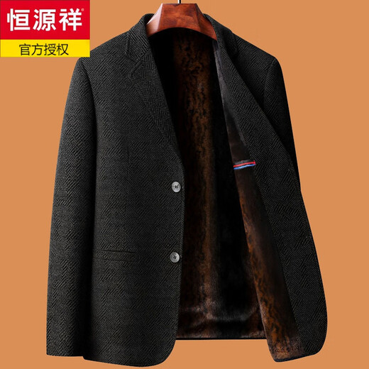 恒源祥爸爸秋冬装外套装加绒加厚中年40岁50西服男60喜公公婚宴礼服西装 826加棉款/黑蓝色+裤子 185/XXL 适合135-150斤