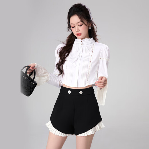 White shirt women's 2024 spring new niche French style bow lace splicing sleeve shirt white S recommended 85-100Jin Jin equals 0.5 kg