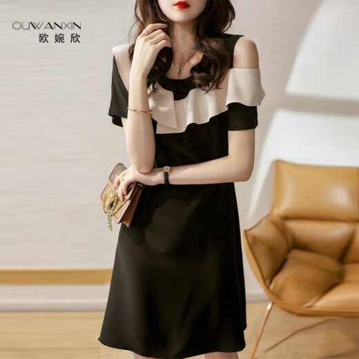 Ou Wanxin dress summer 2021 spring and autumn new Korean style short-sleeved slimming chiffon bottoming skirt retro fashion off-shoulder splicing temperament belly-covering age-reducing mid-length skirt for small people black 602N2E35L [recommended 110-120Jin [Jin equals 0.5 kg]]
