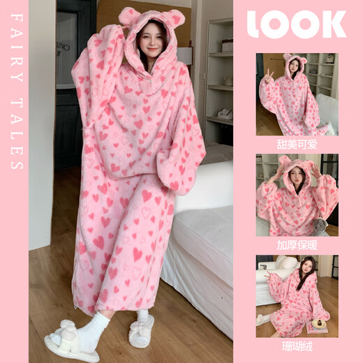XiANGyaxin Coral Velvet Cabinage de nuit pour les femmes en automne et hiver en velours épaission Carton de pyjamas mignon Long Champion de nuit Loose Home Vêtements 673 Pink Leopard Print L 110-130Jin [Jin est égal à 0,5 kg]