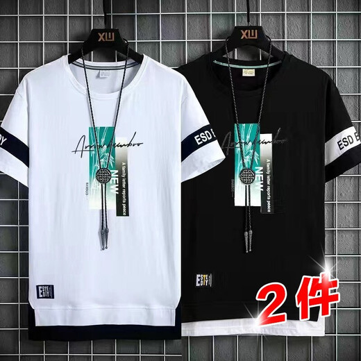 Gxmy ice silk short-sleeved T-shirt men's round neck printed summer clothes men's fashion brand ins youth bottoming T-shirt 866 black V picture + 866 green square L 110-120Jin Jin equals 0.5 kg