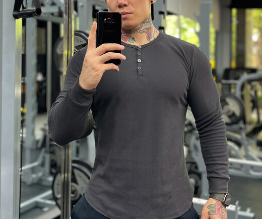 Hengyuanxiang muscle fitness long-sleeved American Henry shirt bottoming shirt men's tough guy Henry collar T-shirt slim sports casual clothes white (M