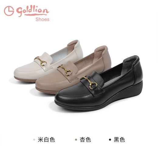 金利来（goldlion）妈妈皮鞋秋季新款女鞋一脚蹬浅口女单鞋坡跟乐福鞋 杏色 38