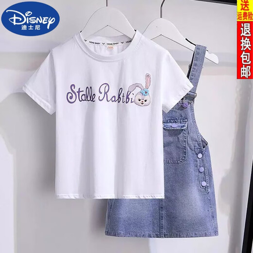 
Disney (DISNEY) Girls Denim Strap Skirt Set Summer 2024 New Style Medium-Grand Children's Fashionable Cartoon Short Sleeve Star Dailu Dress Overalls Set 140 size recommended height 130 cm
