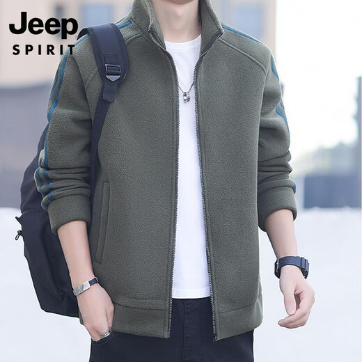 JEEP SPIRIT Jeep Men's Cardigan Sweatshirt Plus Velvet Thickened Striped Stand Collar Polar Fleece Autumn and Winter Jacket Warm Casual Jacket 8868 Military Green Regular Style XL (Recommended 140-160 Jin Jin equals 0.5 kg)