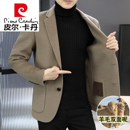 Pierre Cardin winter Korean style slim double-sided woolen suit men's removable down lining wool woolen suit jacket with down lining black with lining XL 135~150Jin Jin equals 0.5 kg